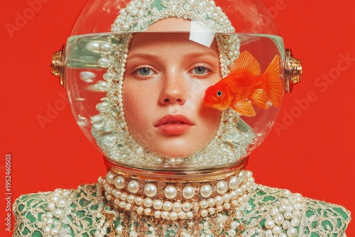 Avant-garde model wearing pearl dress and goldfish bowl helmet with water