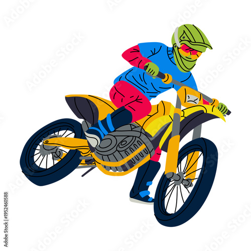 Flat illustration of motorcyclist in gear riding yellow bike isolated on white. Sports graphic for extreme racing banners, biker club stickers, transport posters or motor adventure designs