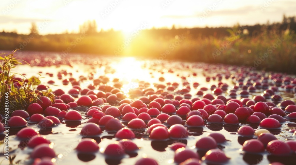 Obraz premium Floating Cranberries in Bog During Golden Hour Harvest