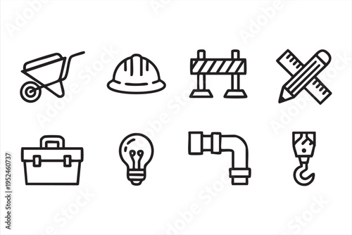 Engineering and construction icons featuring tools equipment and building site elements