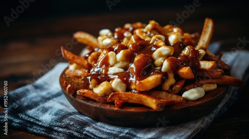 Rustic poutine photo, crispy french fries with gravy and cheese curds, comfort food close-up on dark wooden table