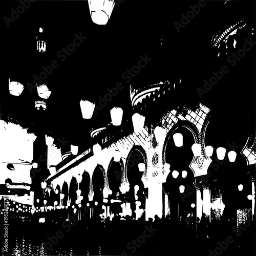 Black and white illustration of a large interior space with arches