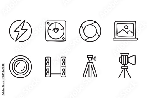 Filmmaking and photography icon collection with camera tools and media production elements