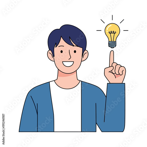 A smiling young man with dark hair has a bright idea, symbolized by a glowing light bulb above his raised index finger.