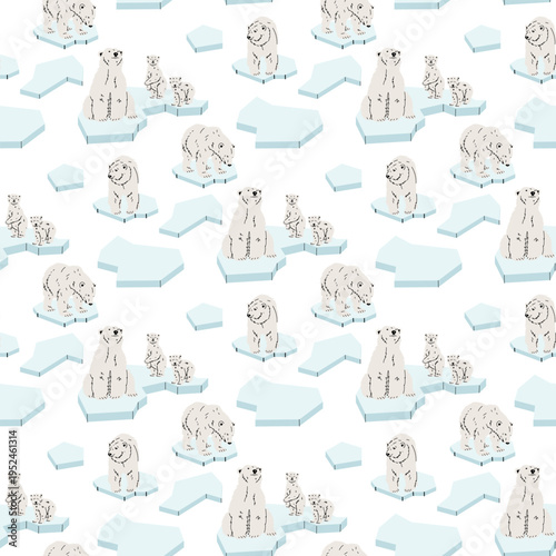 Flat seamless pattern with white polar bears, cubs and ice floes on white background. Arctic wildlife background for winter textile, nursery wallpaper or nature wrapping paper. Seamless texture