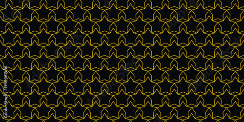 Luxurious gold star geometric pattern on black background. Seamless vector design ideal for t-shirt prints, fabric textiles, luxury gift wrapping, elegant wallpaper, and modern fashion apparel.