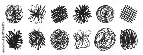 Tangled scribble texture set. Chaotic line doodle collection. Abstract knot patterns for creative design