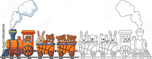  Cartoon toy train with cute bears and rabbits, coloring page activity for kids, educational illustration on white background, preschool vector.