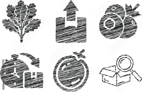 Vintage eco friendly icons set in black and white woodcut style for sustainable business branding