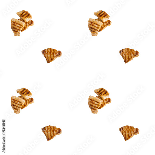 Grilled chicken fillet pieces and steaks creating a repeating pattern on white background, seamless texture for food concepts