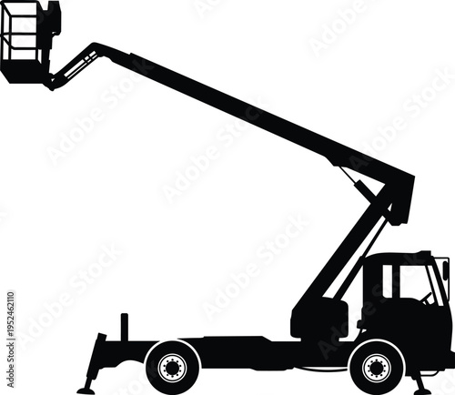 Aerial work platform truck, hydraulic boom lift vehicle, construction equipment silhouette, maintenance access machine, industrial lifting system, utility service illustration