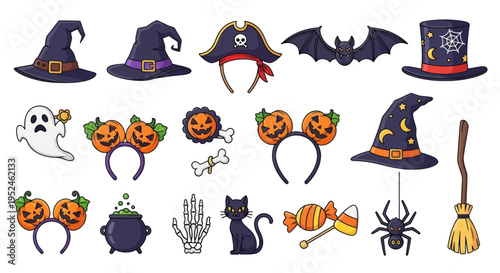 Halloween Party Accessories Collection: Witch Hats, Pirate, Ghost, Cat, Pumpkin, Spider
