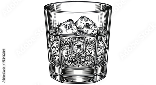 Ornate Whiskey Glass with Ice Cubes, Etched Design, Vintage Style Illustration
