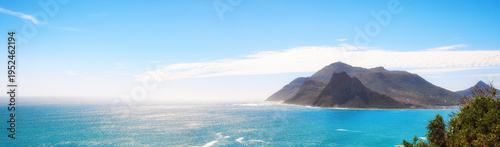 Photos Banner, blue sky and landscape with mountain for travel adventure, nature tourism or space