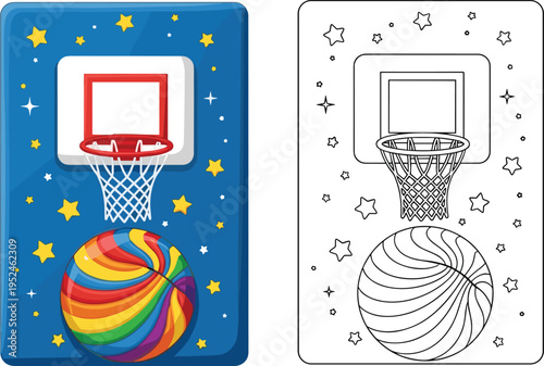 Colorful rainbow basketball and hoop with backboard under starry night sky including black and white coloring page version isolated white,
