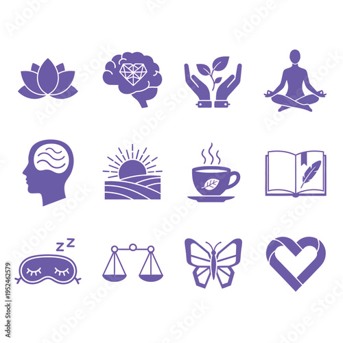 A collection of purple icons representing mental wellness