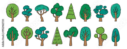 different summer green trees doodle hand drawn icon set. colorful cartoon drawing tree line clipart symbol collection