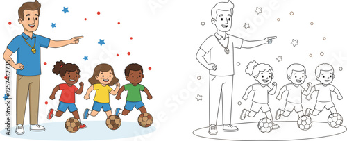 Happy cartoon soccer coach training diverse young children playing football with balls including black and white coloring page version isolated,