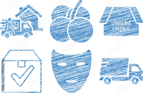 E-commerce delivery icons in blue sketch style on white background for online shopping