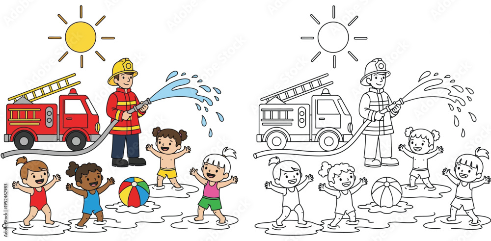 Fototapeta premium Firefighter Spraying Water for Diverse Children to Play in Summer Heat with Fire Truck Illustration - Colored and Line Art Coloring Page Version