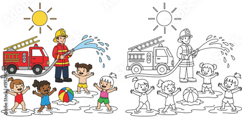 Firefighter Spraying Water for Diverse Children to Play in Summer Heat with Fire Truck Illustration - Colored and Line Art Coloring Page Version