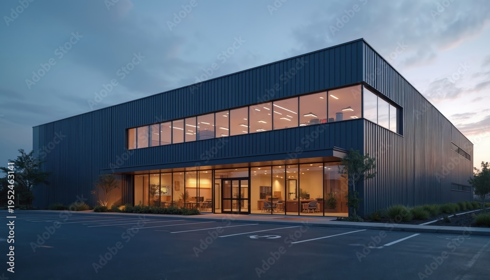 Fototapeta premium Modern industrial building exterior at dusk. Large windows reveal lit office spaces. Dark metal facade, empty parking lot. Commercial facility, business structure, R and D center.