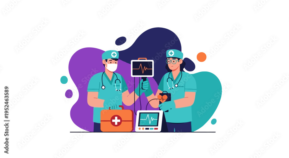 Naklejka premium Medical Team Providing Emergency Healthcare Services Heartbeat Monitor First Aid Kit Vector Illustration