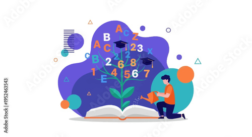 Knowledge Cultivation Student Watering Education Tree of Letters Numbers and Graduation Caps Represents Academic Growth
