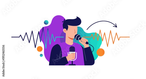Man speaking into microphone with sound waves illustration for podcasting and broadcasting
