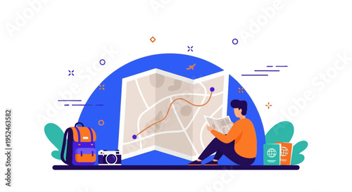 Traveler studying route on map planning adventure with backpack camera and passports exploration concept