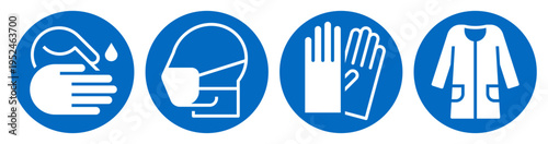 Sanitize your hands, safety mask fitting, putting on sterile gloves and doctor coat must be worn sign. Surgery icon set. Doctor instructions symbols.