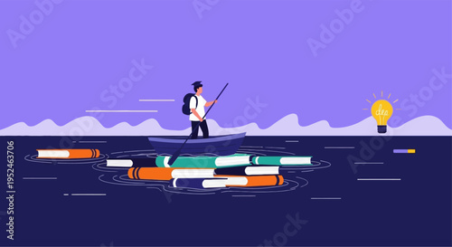 Student navigating a knowledge sea on books, rowing towards a brilliant idea lightbulb, symbolizing learning and discovery journey