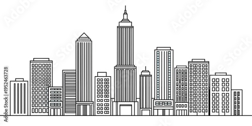 Urban Cityscape Outline Drawing with Modern Buildings Vector Illustration