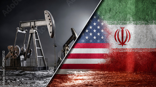 The scene shows an American flag alongside an oil pump and an Iranian flag, highlighting military tension and the impact of oil on relations