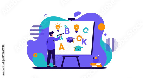 Dynamic illustration of a person painting educational symbols like ABCs, lightbulbs for ideas, and graduation caps on a whiteboard, set against abstract shapes. 