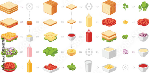 Sandwich Ingredients and Preparation Process Vector Illustration Showing Bread, Vegetables, Sauces, Cheese, and Step by Step Recipe Assembly for Food Design