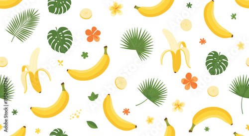 Seamless Banana Tropical Pattern Vector Background with Palm Leaves, Flowers, and Fresh Fruit Elements for Summer Textile and Packaging Design