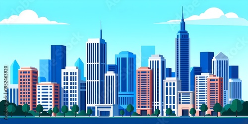 Modern Flat Design Cityscape Skyline Illustration with Skyscrapers and Park