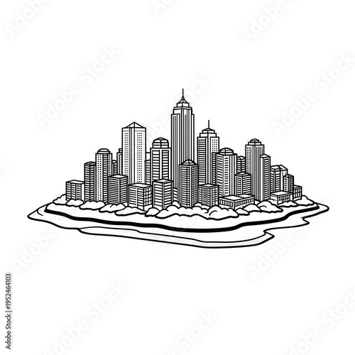 Minimalist Black and White City Skyline Line Art Illustration