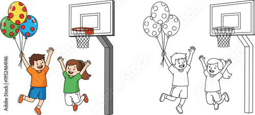 Cute cartoon gorilla basketball player dunking ball in stadium including black and white coloring page version isolated on white background,
