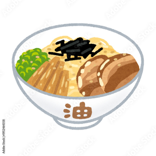 An illustration of Abura Soba, Japanese oil noodles served without broth and topped with flavorful ingredients