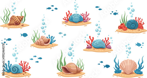 Underwater Seashell and Coral Vector Set Featuring Ocean Floor Scenes with Marine Plants, Fish, Bubbles, and Shell Illustrations for Aquatic Design