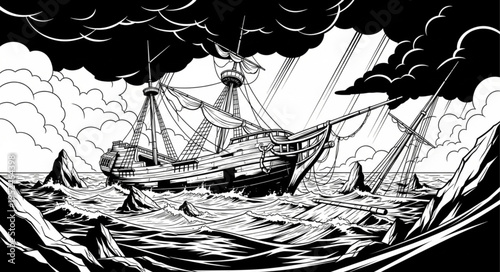 Monochrome Illustration of a Shipwrecked Vessel Amidst a Stormy Sea.