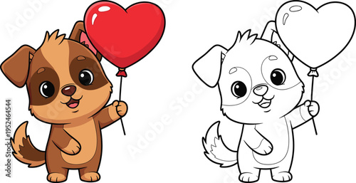 Cute cartoon puppy dog holding a red heart balloon including black and white coloring page version isolated on white background,