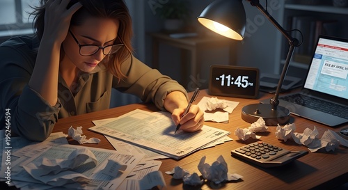 Stressed Woman Working Late on Tax Forms Before Deadline