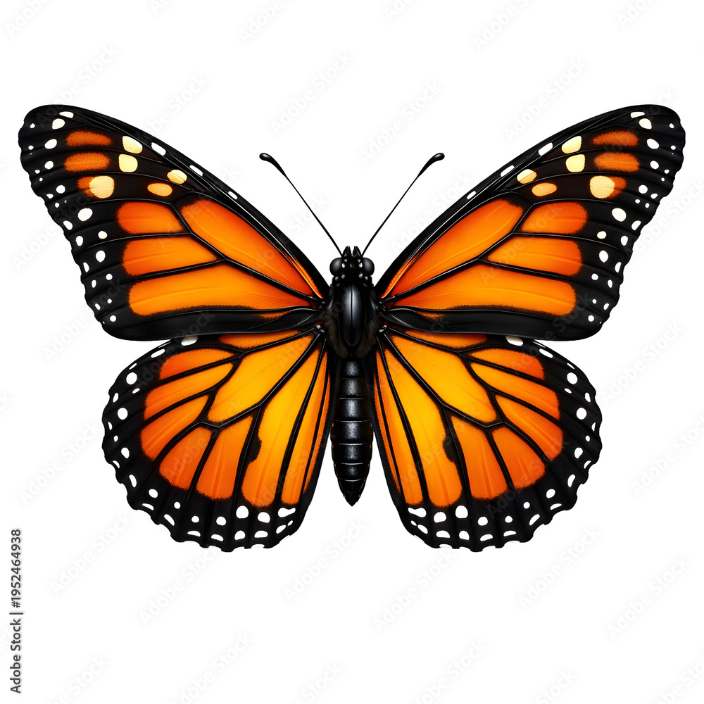 Fototapeta premium Monarch Butterfly Isolated on White Background, Orange and Black Winged Insect