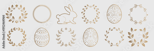 Sophisticated gold foil Easter emblems with botanical flourishes – Great for premium packaging, festive corporate branding, or elegant web design.
