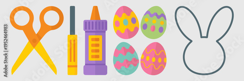 Colorful Easter DIY icons with bunny templates and art supplies – Suitable for family-friendly marketing, hobby blogs, or digital clipart.