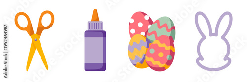 Easter craft vector icon set with glue stick and safety scissors – Ideal for educational materials, children’s activity books, or craft kits.