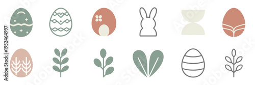 Minimalist botanical Easter icons with eucalyptus and simple bunny – Great for sophisticated social media, eco-friendly brands, or chic stationery.